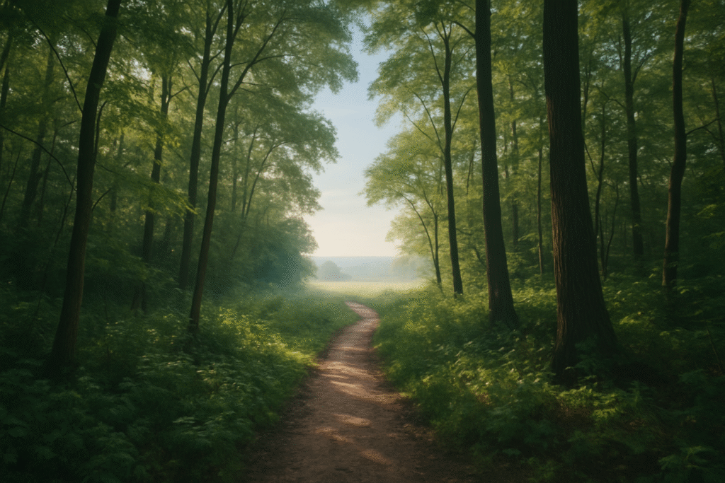 Chemin dans la forêt symbolisant le passage vers la lumière et le mieux-être face au mal-être