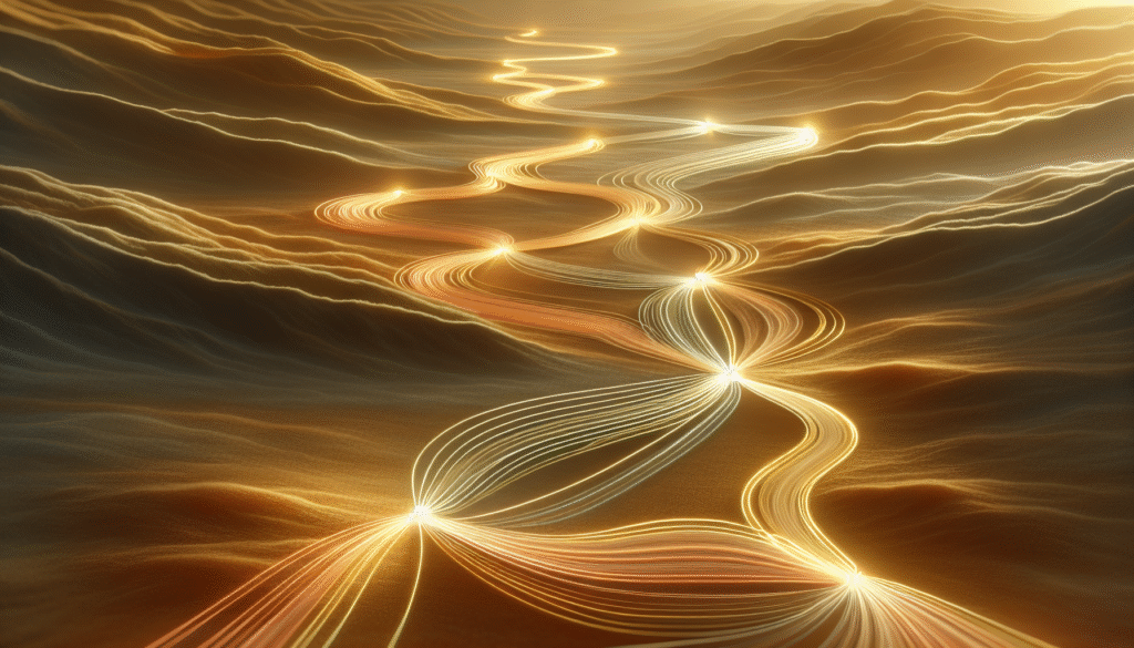 Paysage abstrait symbolisant les parcours individuels reliés par des ponts de lumière au sein d’un groupe