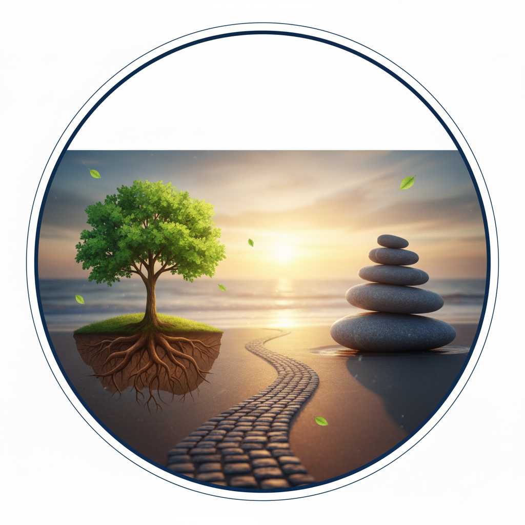 Image symbolique de sophrologie illustrant l'équilibre intérieur, l'ancrage (arbre et racines) et le cheminement pour sortir du mal-être.