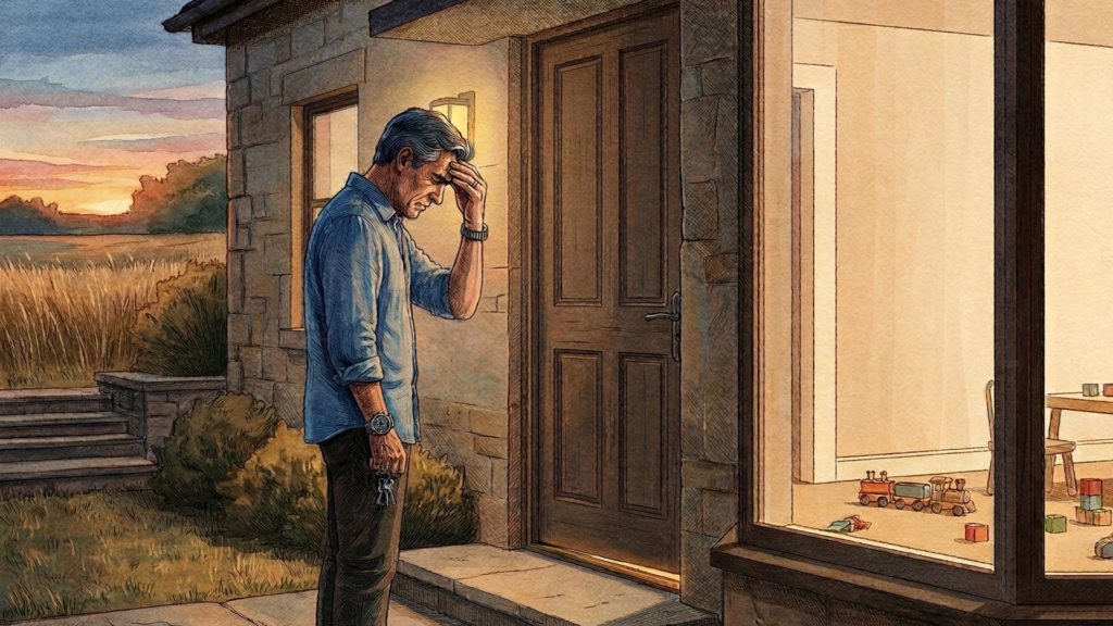 Homme fatigué sur le pas de sa porte symbolisant la transition difficile entre travail et vie privée.