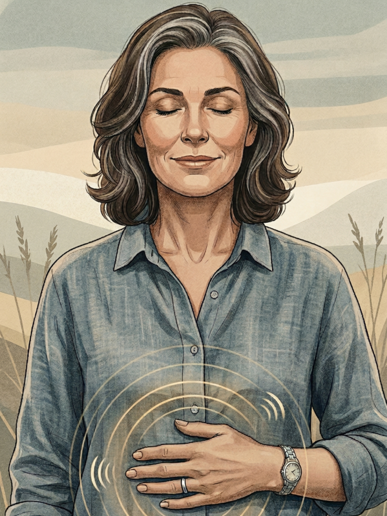 Personne retrouvant son équilibre et sa clarté mentale grâce à une respiration de sophrologie.