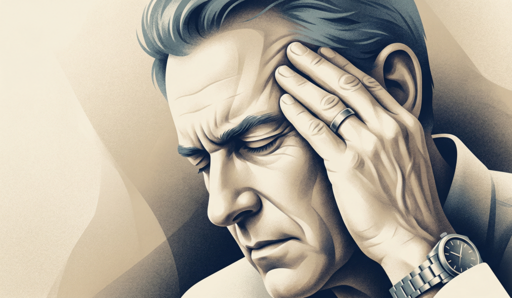 Close-up sur un homme sous pression exprimant le poids des responsabilités et de la fatigue