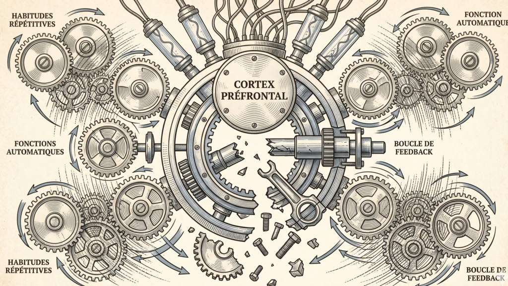 Diagramme technique gravé d'un moteur de pensée mécanique montrant un engrenage cassé au niveau du cortex préfrontal, illustrant le bug biologique lié au stress.