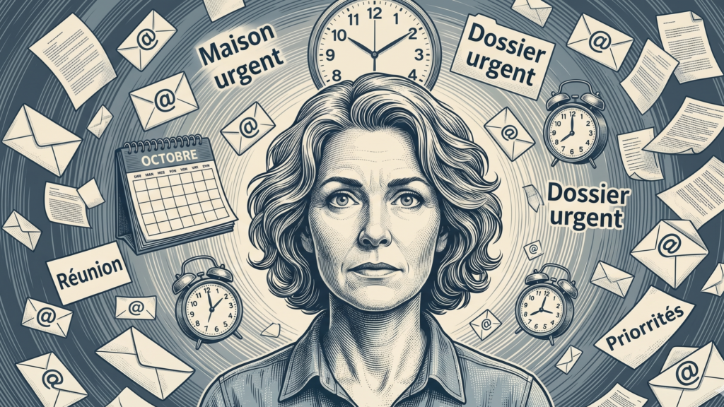 Illustration de style gravure d'une femme au regard fixe et absent, entourée d'un tourbillon de tâches et d'horloges, symbolisant la surchauffe et le mécanisme du stress chronique.