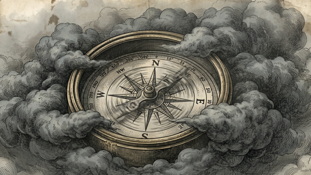 Illustration d'une boussole à l'aiguille affolée, engloutie par une brume épaisse et sombre. Cette image symbolise le brouillard mental, la surcharge cognitive et la perte de la boussole interne.
