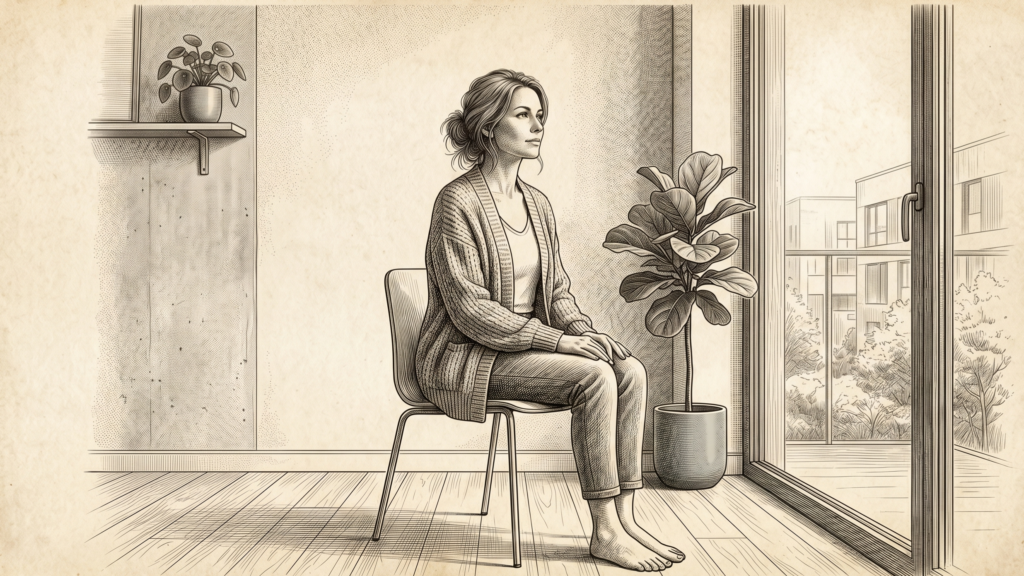 Illustration d'une femme moderne prenant une pause consciente près d'une fenêtre lumineuse, symbolisant la dissipation du brouillard mental et le retour à la présence grâce à la sophrologie.
