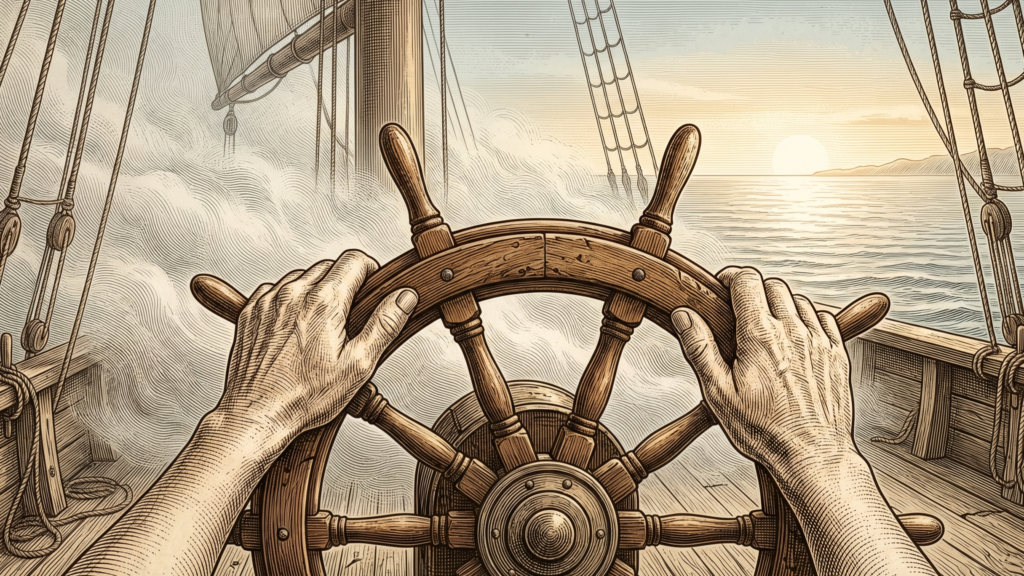 Illustration de deux mains tenant fermement le gouvernail d'un navire face à un horizon lumineux où la brume se dissipe. Cette image symbolise le retour à l'équilibre, l'ancrage dans l'instant et la reprise des commandes de son quotidien grâce à l'accompagnement en sophrologie.