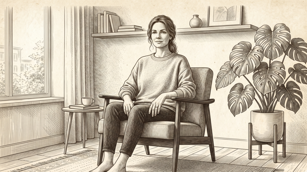 Illustration d'une personne détendue dans un fauteuil, dont les pensées emmêlées se dénouent en un fil fluide. Cette image symbolise le rôle du corps comme sas de décompression pour stopper la rumination mentale.