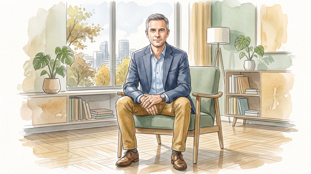 Homme assis avec une solide posture d'ancrage, illustrant la qualité de présence à soi et l'harmonie intérieure retrouvée grâce à la sophrologie.