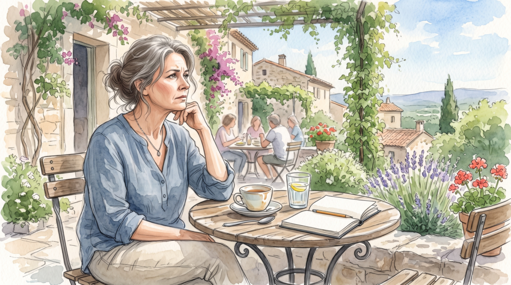 Femme pensive attablée en extérieur, illustrant l'esprit qui anticipe l'organisation de la rentrée et la charge mentale pendant les congés.