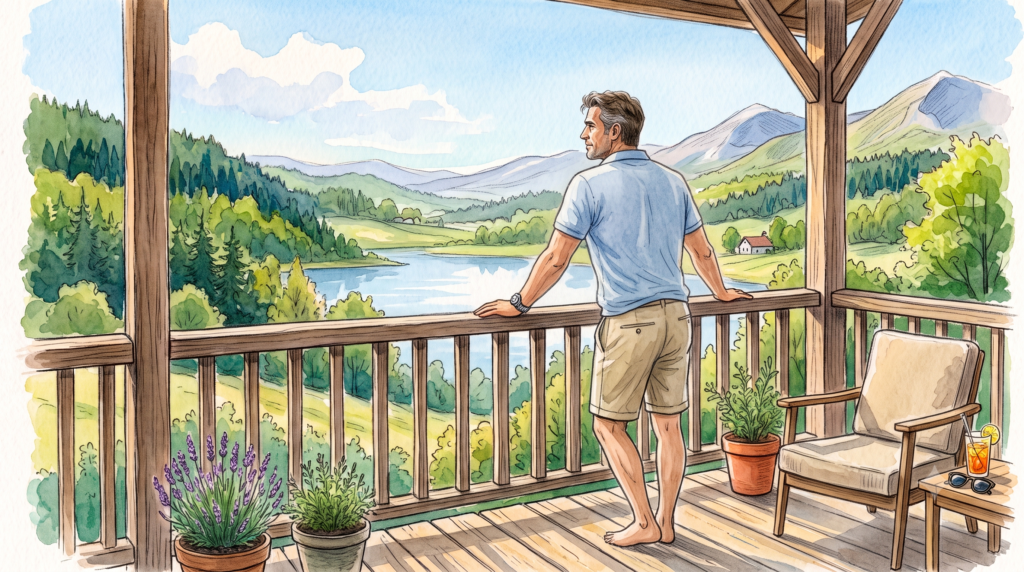 Homme au balcon observant un paysage, illustrant la fatigue physiologique du début des vacances et le besoin de ralentir son rythme.