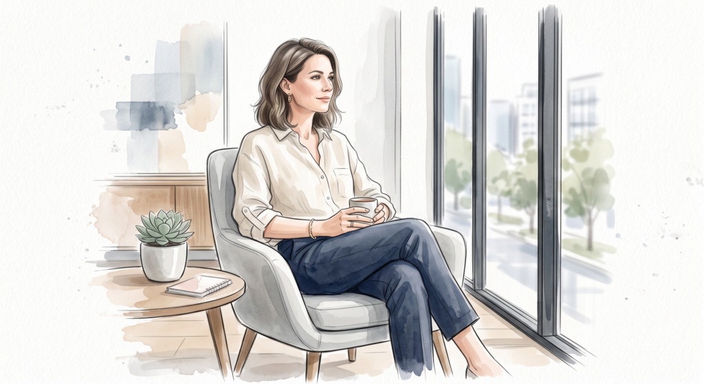 Femme assise au calme dans un fauteuil moderne pratiquant une pause sophrologie