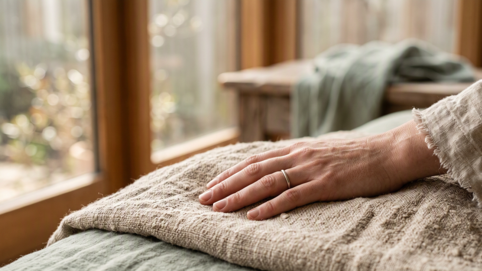 Main posée avec douceur sur un tissu en lin, symbolisant l'ancrage, le retour au corps et la pleine présence lors d'un accompagnement en sophrologie à Saint-Quentin-en-Yvelines.
