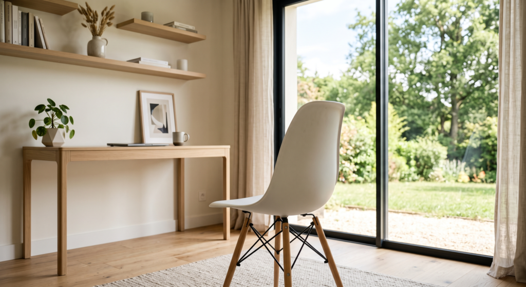 Chaise de pratique tournée vers la lumière dans un bureau aménagé, offrant un espace propice à la pleine présence pour votre séance de sophrologie en ligne.