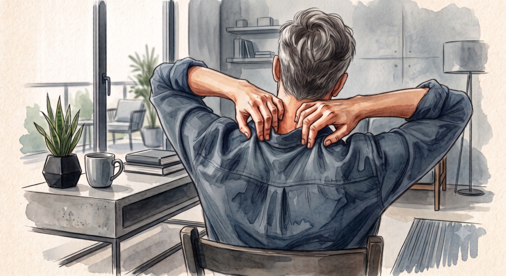 Homme stressé de dos se massant les cervicales pour soulager ses tensions