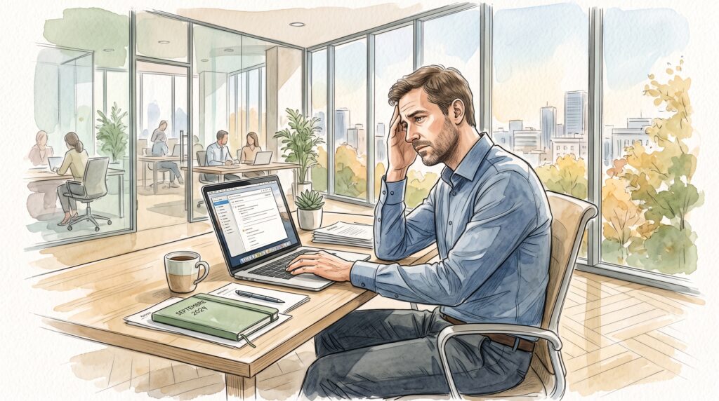 Illustration à l'aquarelle d'un cadre épuisé devant son ordinateur, représentant la charge mentale de la rentrée et la surcharge de travail.