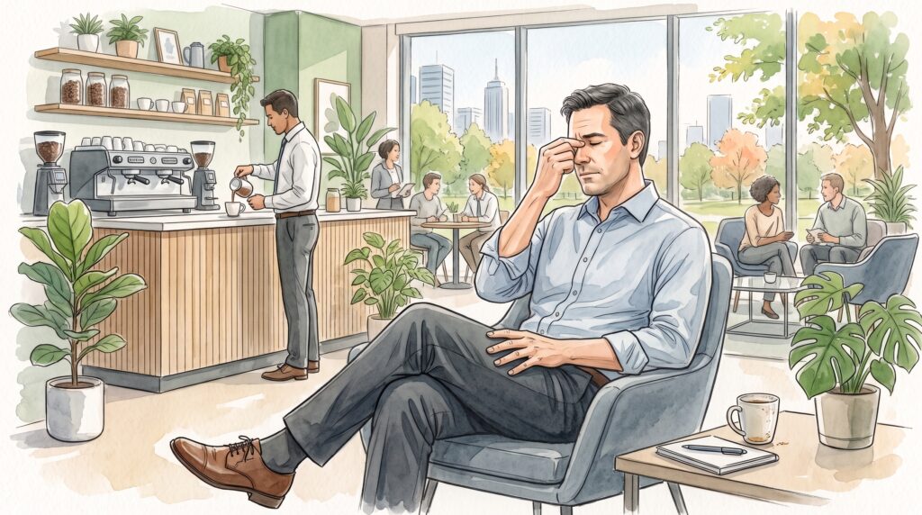 Illustration à l'aquarelle d'un homme fermant les yeux dans l'espace café de son entreprise, cherchant un répit face à la fatigue intellectuelle.