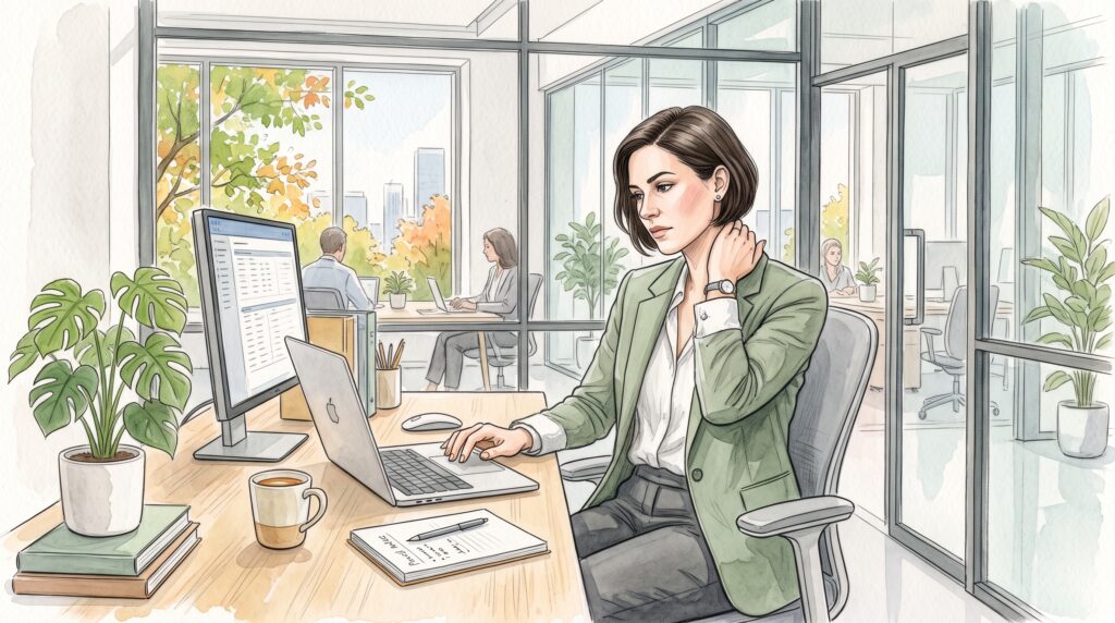 Illustration à l'aquarelle d'une femme manager touchant sa nuque douloureuse devant son écran, symbole de la tension interne accumulée.