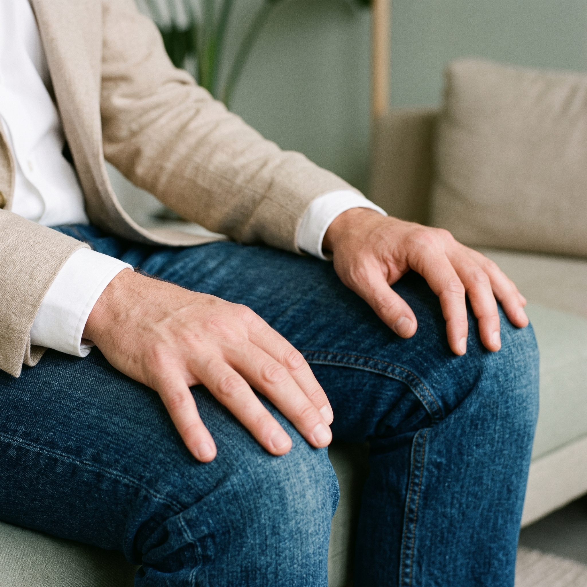 Dans un cabinet épuré, les mains détendues d’un homme assis en veste beige et jean, sans artifice, symbolisant la présence et le calme intérieur. Illustration pour l’accompagnement en sophrologie à Voisins-le-Bretonneux.