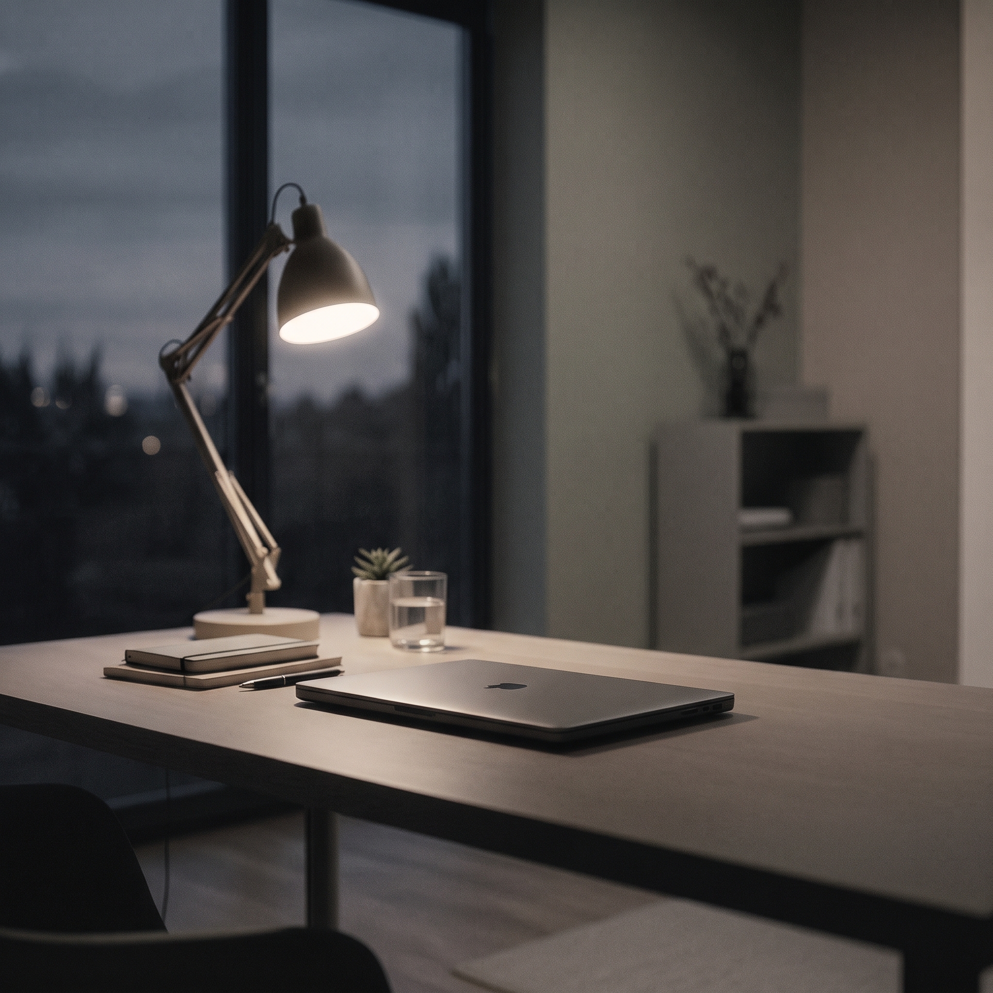 Dans une pièce épurée faiblement éclairée par la nuit tombante un bureau rangé avec un ordinateur fermé et une lampe allumée, symbolisant l’apparence de la maitrise. Illustration pour un accompagnement en sophrologie à Voisins-le-Bretonneux.